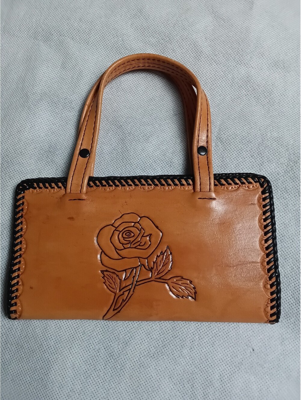 Vintage Leather Wallet Clutch Rose Prayer Hands Bi Fold Snap Handles